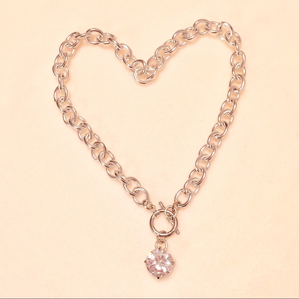 NECKLACE 💎 SILVER CHAIN LINK 💎 LARGE RHINESTONE